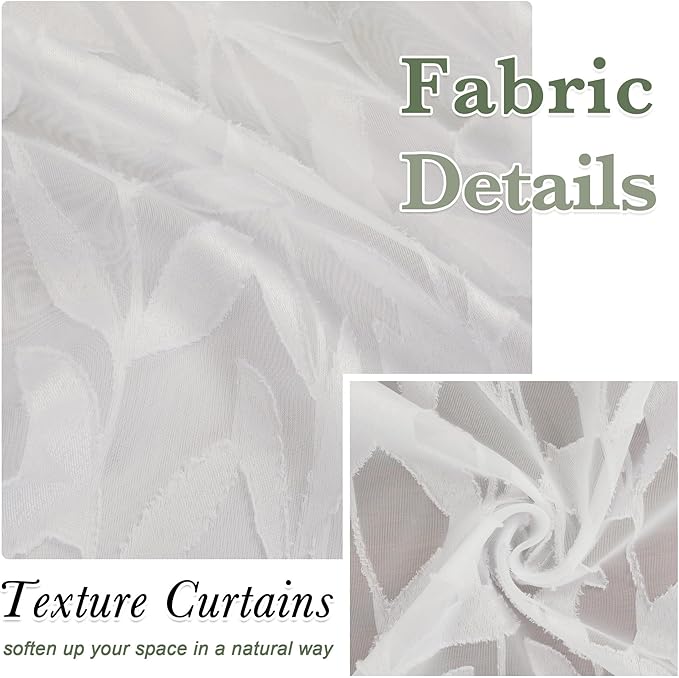 Lecloud Leia Ivory Sheer Curtains 54 Inch Length 2 Panels, Voile Light Filtering Privacy Jacquard Textured Curtains, Dual Rod Pockets Drapes with Leaves for Living Room Bedroom, Each 42" W x 54" L