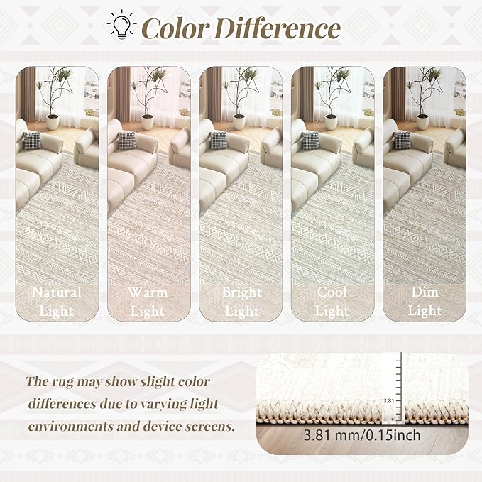 Living Room Rugs 9x12: Washable Moroccan Geometric Boho Rug Farmhouse Non Slip Stain Resistant Large Rug Low Pile Soft Carpet for Bedroom Dining Room Kids Room (Ivory Beige,9'x12')