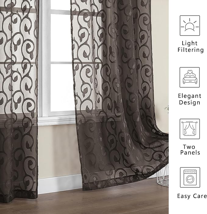 OWENIE Furman Chocolate Sheer Curtains 72 inches Long for Bedroom Living Room 2 Panels Set, Light Filtering Sheer Door Curtains with Elegant Clip Jacquard Rod Pocket Curtains, 2 Pcs = 80" Width