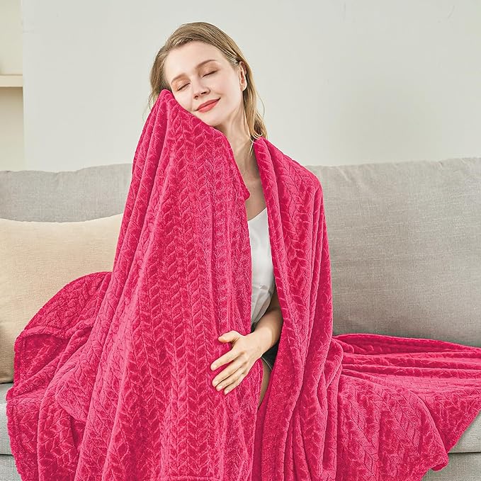 inhand Hot Pink Fleece Twin Blanket, Lightweight Leaves Pattern Fuzzy Blanket for Couch Sofa, All Season Use, 60 x 90 Inches