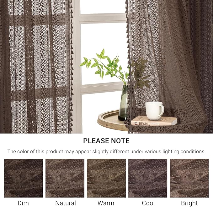 WAZZIO Boho Lace Curtains 63 Inches 2 Panel,Light Filtering Privacy Tassel & Geometry Crochet Semi Sheer Curtain Drapes for Bedroom Living Dining Room,Rod Pocket & Tassel,Chocolate Brown