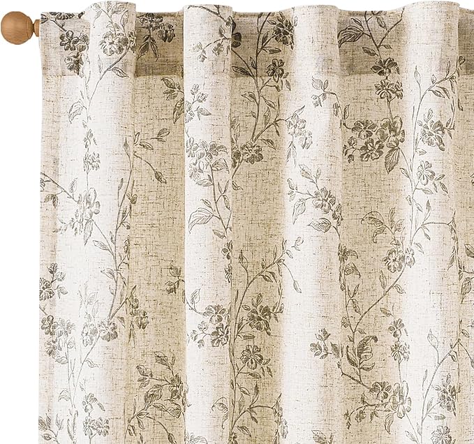 Lazzzy Grey Floral Linen Curtains 96 Inch Farmhouse Back Tab Drapes for Living Room Bedroom Light Filtering Vintage Grandmillennial Rod Pocket Curtains, 2 Panels, W38 x L96, Grey on Beige