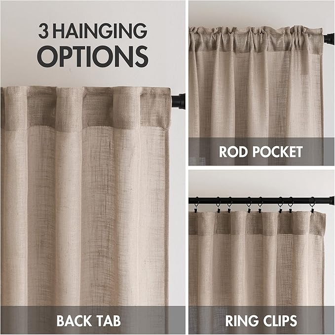 MIULEE Taupe Linen Curtains 90 Inch Long for Bedroom Living Room, Soft Thick Linen Textured Window Drapes Semi Sheer Light Filtering Back Tab Rod Pocket Burlap Look Farmhouse Country Decor, 2 Panels
