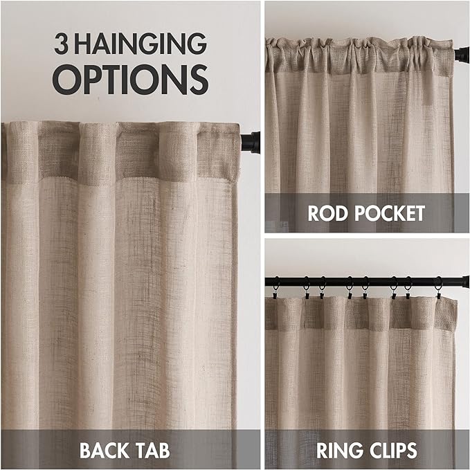 MIULEE Taupe Linen Curtains 63 Inch Length 2 Panels for Bedroom Living Room, Soft Thick Linen Textured Natural Window Drapes Semi Sheer Light Filtering Back Tab Rod Pocket Burlap Look Decor