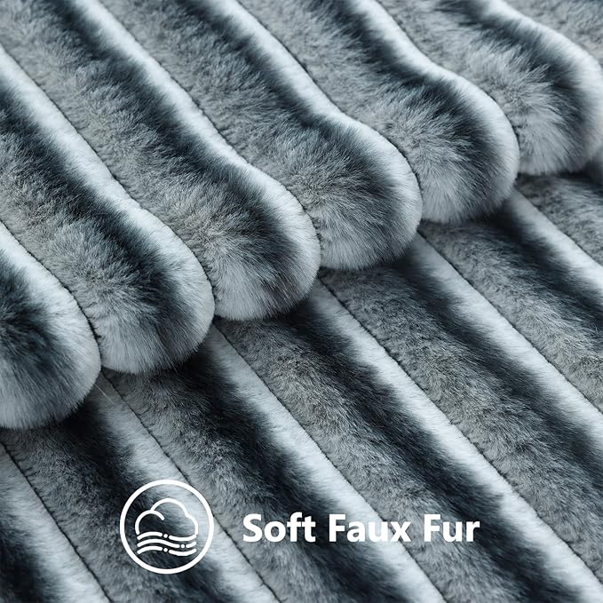 decorUhome Cozy Faux Fur Throw Pillow Covers 20x20 Set of 2 Decorative Soft Plush Striped Modern Farmhouse Boho Couch Pillow Cases with Velvet Back for Sofa Bed Living Room, Blue Grey