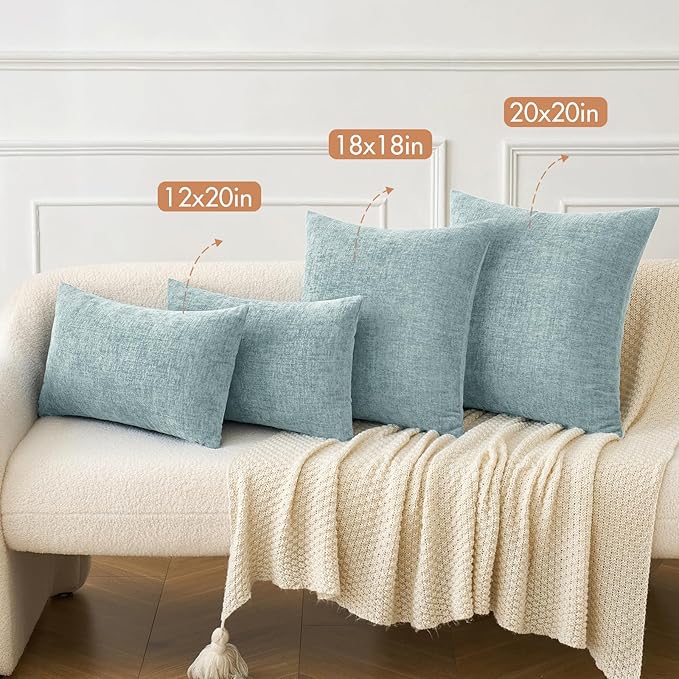 MIULEE Pack of 2 Light Blue Throw Pillow Covers 12x20 Inch Soft Chenille Lumbar Pillow Covers for Sofa Living Room Spring Home Decor Couch Solid Dyed Cases