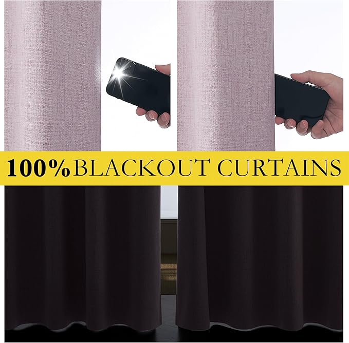 NICETOWN Pink Vintage Linen 100% Blackout Curtains for Living Room, Thermal Insulated Curtains 90" Long, Noise Reducing Window Treatment Drapes for Home Cinema, 52" Wide Per Panel, Set of 2