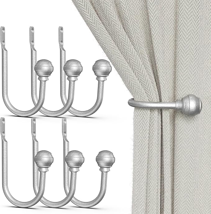 Hion Curtain Holdbacks Silver 6pcs, Curtain Tiebacks Wall Mounted Curtain Hooks Holders for Drapes