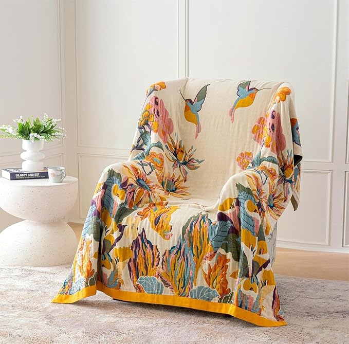 MSGKV Boho Throw Blanket Queen Size 90"x90" Cotton Blanket for Bed Spring Breathable Throw Blanket for Living Room Home Decorative