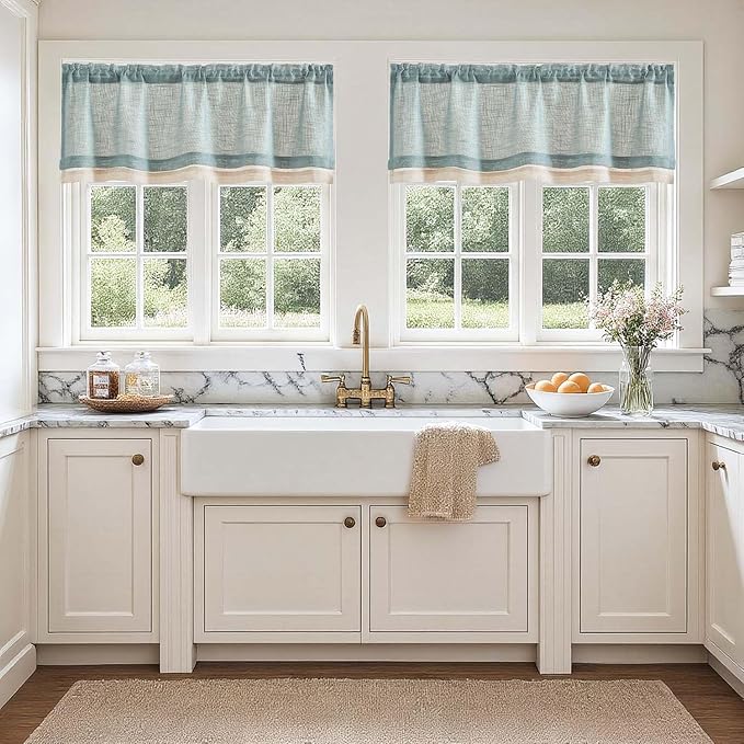 jinchan Linen Farmhouse Valances for Living Room Windows 16 Inch Slubbed Crossed Double Layer Window Valances Light Filtering Rustic Country Overlay Rod Pocket 2 Panels Blue Haze