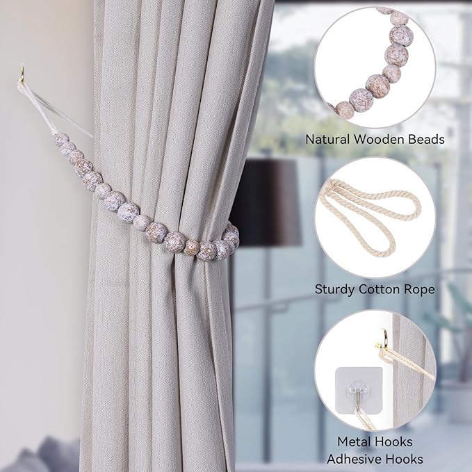 Wood Bead Curtain Tiebacks, KLOGTSIND Set of 4 Curtain Holdbacks for Thin or Thick Window Draperies, Boho Farmhouse Curtain Tiebacks with Hooks, Curtain Tie Backs for Home Office Room Decor