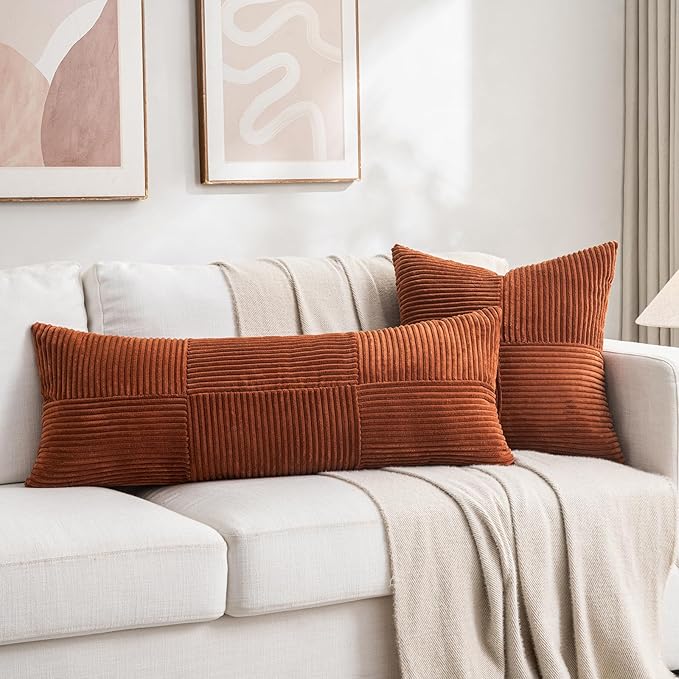 Fancy Homi Set of 2 Rust Boho Long Lumbar Body Decorative Throw Pillow Cover 14x36 Inch for Bed Couch Bedroom Bench, Soft Patchwork Corduroy Textured Pillow Case, Rustic Farmhouse Room Décor