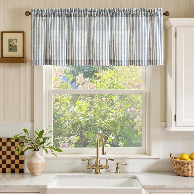 jinchan Valance Curtain Linen Textured Striped Window Curtain for Living Room Light Filtering Farmhouse Valance for Kitchen Rod Pocket 1 Panel 16 Inch Blue on Linen 1 Panel
