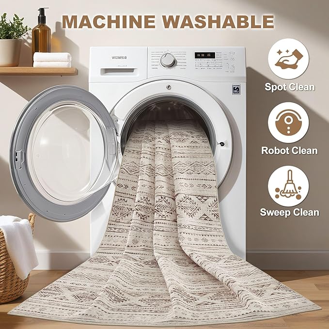 Nakagishi 9x12 Area Rugs Living Room: Washable Boho Large Neutral Soft Farmhouse Rug Stain Resistant Modern Moroccan Non-Slip Indoor Carpet for Bedroom Nursery Kids Office Dining Room - Dark Brown