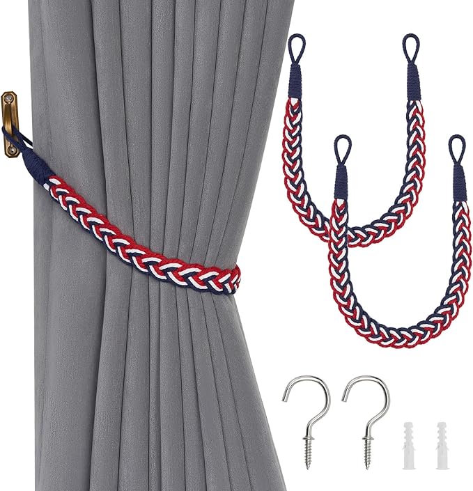 NICEEC 2 Pack Natural Cotton Rope Curtain Tiebacks Elegant Boho Style Decorative Drape Tie Backs Soft Hand-Woven Rope Curtain Holdbacks with Metal Hook for Home & Office Drapery (Flag Color)