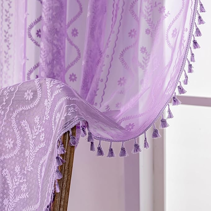 WAZZIO Boho Lace Curtains 84 Inch 2 Panels -Sheer Panel Drape Floral Pattern & Tassel Light Filtering Privacy for Bedroom Dining Living Room,Lilac Girl Women House Decor,Lavender Purple,W52 x 84L