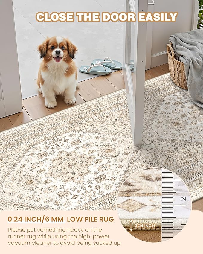 Washable Runner Rug 2.5x16, Non-Slip Long Kitchen Mats for Floor, Vintage Rug for Entryway, Soft Hallway Runner for Dining Room, Bedroom, Living Room(Cream/Beige,2.5'x16')