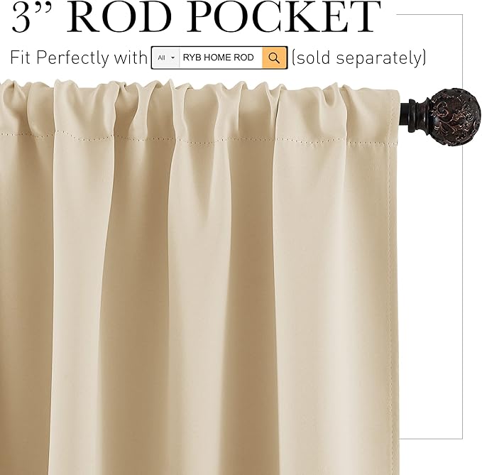 RYB HOME Kitchen Curtains Over Sink 36 inch Length, Rod Pocket Summer Light UV Blocking Energy Efficient, Cabinet Shelf Cupboard Coverings, Width 29 by Length 36, Biscotti Beige, 2 Panels