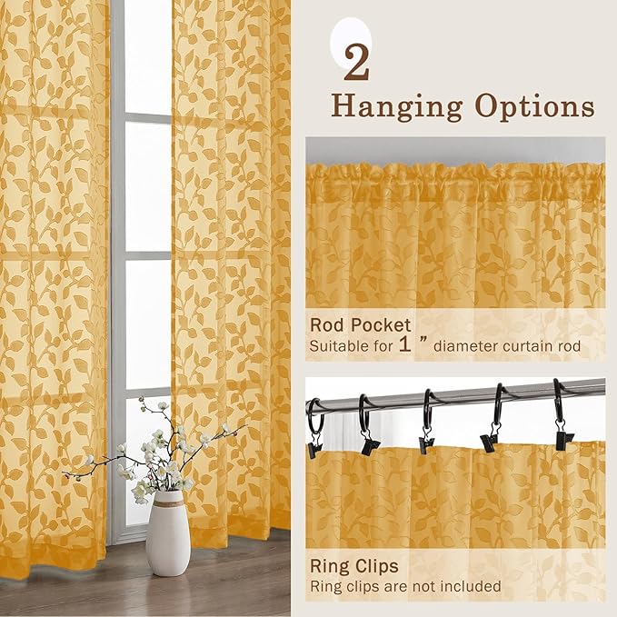 Chyhomenyc Gold Sheer Curtains 72 Inches Long 2 Panels Set, Light Filtering Tufted Textured Soft Airy Rod Pocket Elegant Leaf Window Treatment Drapes for Bedroom Living Room, 42" Wx72 L, 2PCS