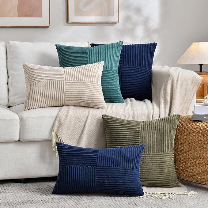 Fancy Homi 2 Packs Tan Decorative Throw Pillow Covers 18x18 Inch for Living Room Couch Bed, Rustic Farmhouse Boho Home Decor, Soft Corss Corduroy Patchwork Textured Square Beige Cushion Case 45x45 cm
