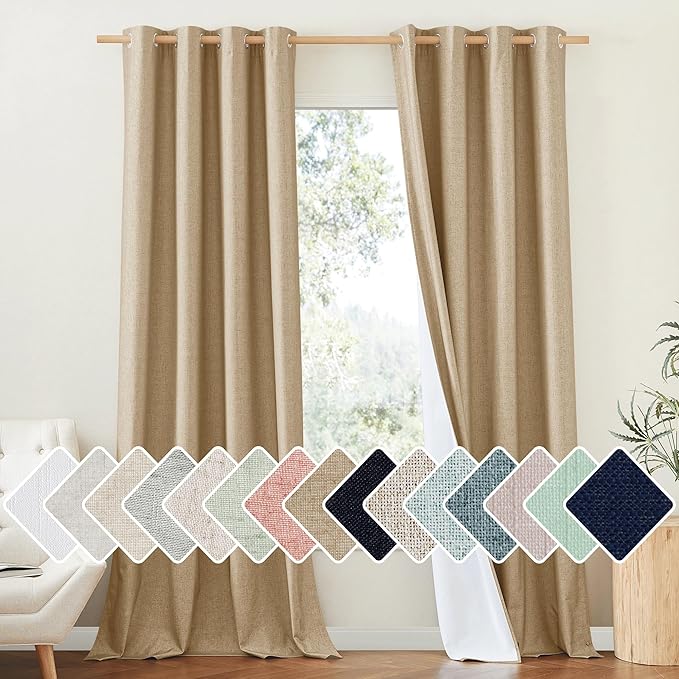 NICETOWN 100% Absolutely Blackout Linen Curtains with Thermal Insulated White Liner, Camel, W52 x L95, 2 Panels, Textured Linen Look Noise Reducing Window Treatments Drapes for Bedroom/Living Room