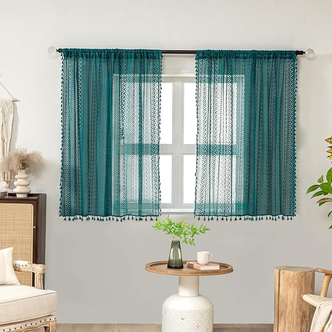 WAZZIO Boho Lace Curtains 45 Inches 2 Panel,Light Filtering Privacy Tassel & Geometry Crochet Semi Sheer Curtain Drapes for Bedroom Living Dining Room,Rod Pocket & Tassel,Coastal Style,Teal