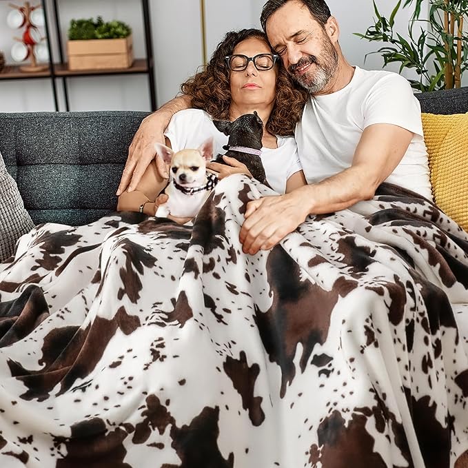 BEDELITE Cow Print Throw Blanket for Couch & Bed, 300GSM Cute Luxury Plush Cozy Fuzzy Blanket 50" x 60", Super Soft Warm Lightweight Throw Blanket for Travel Camping, Brown