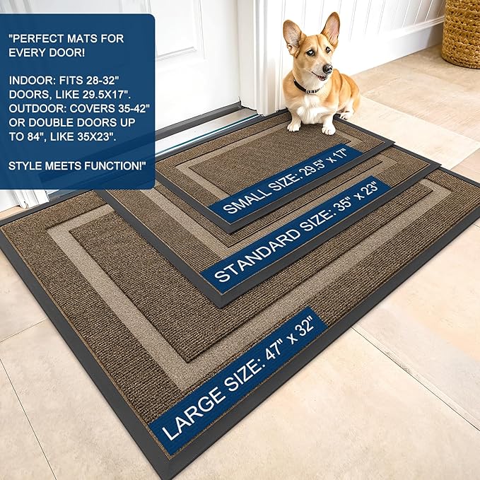 OLANLY Front Door Mat Indoor Outdoor Entrance, Waterproof All-Season, All-Weather Doormat, Sturdy Natural Rubber, Fade Resistant, Low Profile, Easy Clean Patio Porch Entryway Mat, 47x30, Brown