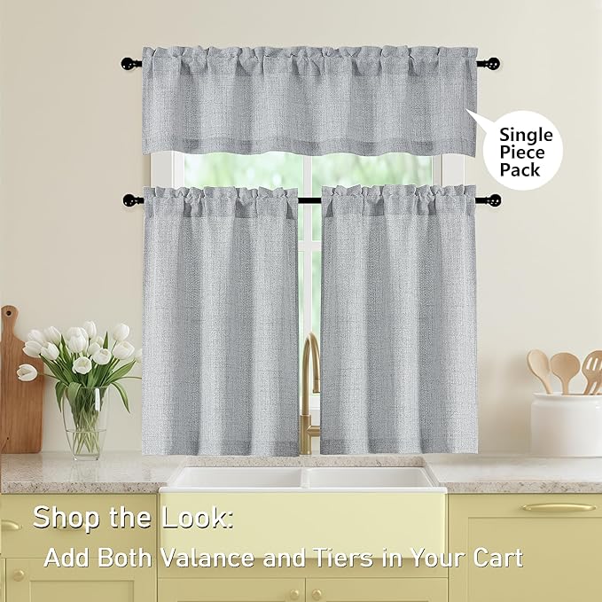 Grey Valances for Windows, Light Filtering Faux Linen Textured Small Short Valance Curtains for Bathroom Basement Farmhouse, Rod Pocket Top Half Curtains for Windows, 60Wx24L Inch