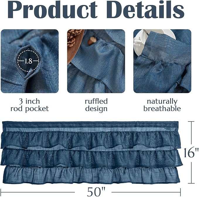 jinchan Ruffled Valance Curtain Slubbed Crossed Kitchen Valance Vintage Shabbychic Style for Living Room Small Windows 18 Inch Cottagecore Farmhouse Half Window Rod Pocket 1 Panel Navy Blue