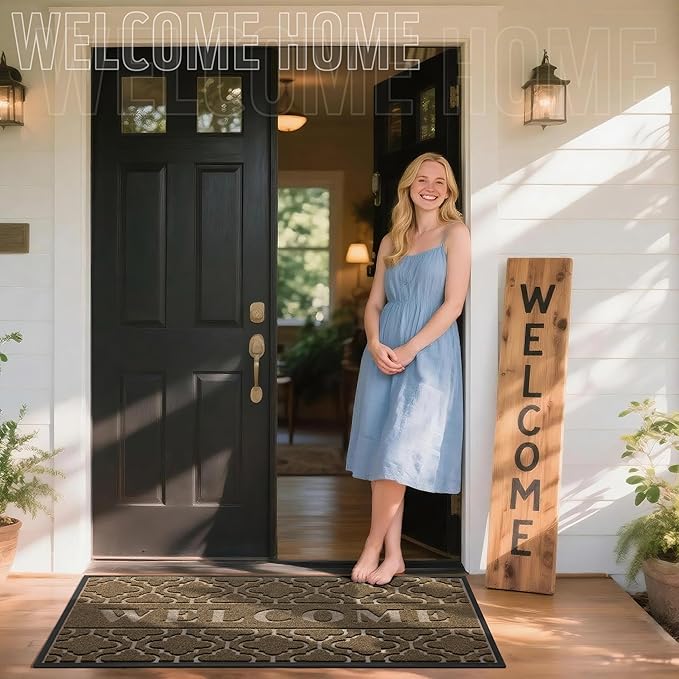 Yimobra Welcome Mat Outdoor Indoor, All-Season Waterproof Front Door Mat Outside Entrance, All-Weather Heavy Duty Non-Slip Doormat, Low Profile Porch Patio Entrance Mats, 60x36, Coffee