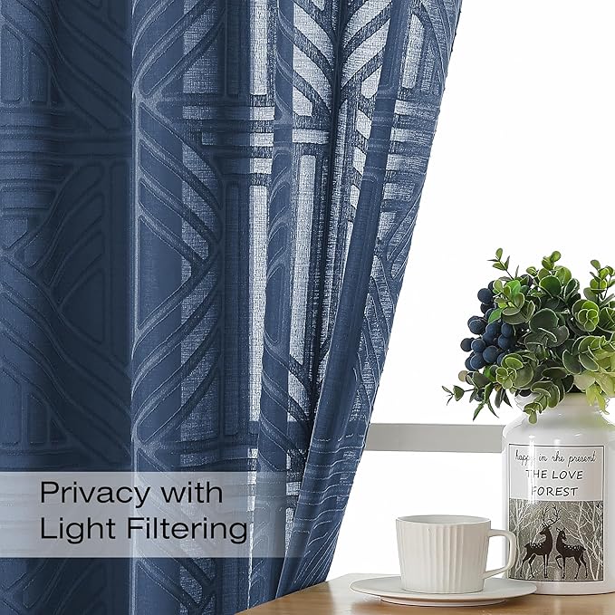 Simplebrand Navy Blue Sheer Curtains 72 Inch Length 2 Panels for Living Room, Light Filtering Geometric Jacquard Clip Textured Rod Pocket Semi Sheer Curtains for Front Back Patio Glass Door，42x72 inch