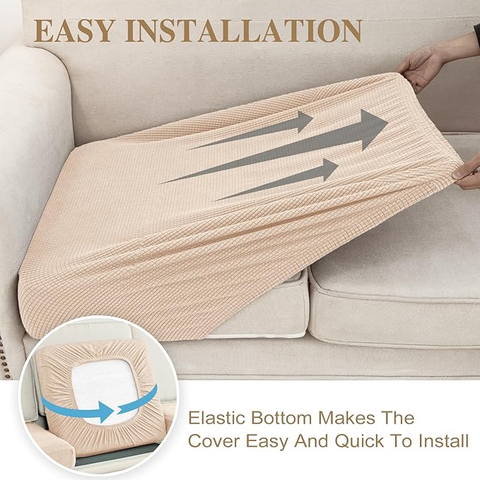Couch Cushion Covers for Sectional Sofa L Shape Washable Separate Seat Chaise Couch Cover Stretch Sofa Slipcovers with 2 Pcs Pillowcases(3 Seater + 1 Chaise, Natural)