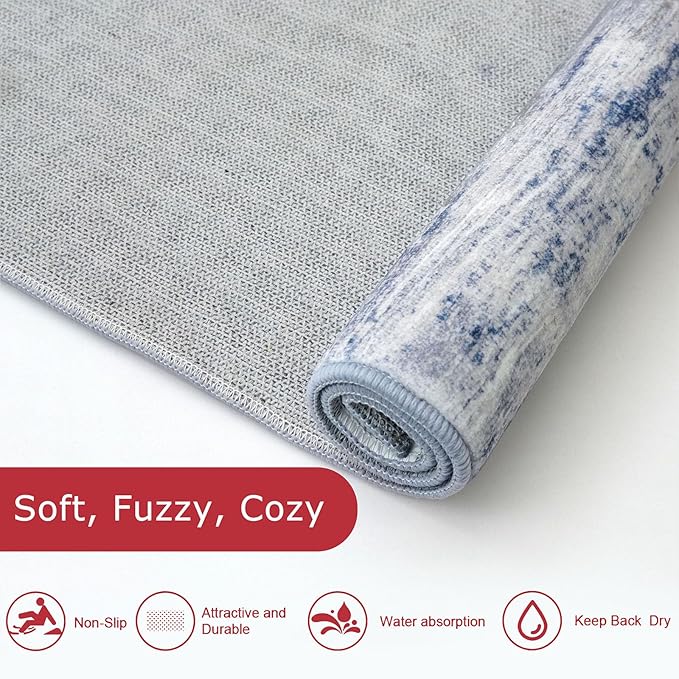 KOZYFLY Modern Abstract Washable Rug Runner 2x6 Runners for Hallways Non-Slip Soft Kitchen Runner Rugs, Print Grey-Blue Striped Carpet Runner for Entryway Bathroom Laundry Room Foyer