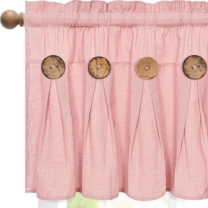 FRAMICS Farmhouse Valance Curtains, Boho Cotton Linen Kitchen Valance, Pink Rustic Button Window Valances for Kitchen Bathroom, Country Rod Pocket Valances for Windows, Pink, 52 x 18 Inch