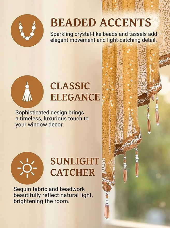 Molaxhome Swag Curtain 51 inch Length Rod Pocket Scalloped Curtain Valance Sheer Lace Panels with Hanging Crystal Beads for Kitchen Bedroom Window Treatments Drape Decor 1pc (Sequin Yellow, 51Wx23L)