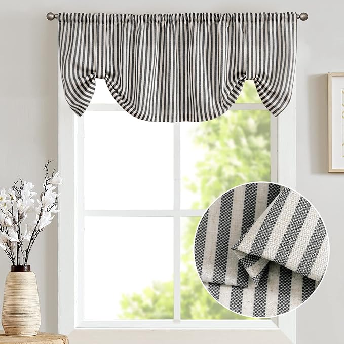 jinchan Tie Up Linen Textured Striped Tie Curtain for Kitchen Bathroom Rod Pocket Pinstripe Valance Window Treatments Ticking Stripe Pull Cord 1 Panel 18 Inch Charcoal Grey on Linen