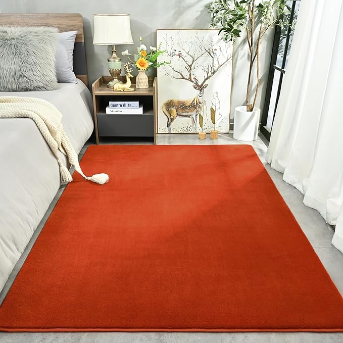 Amearea Modern Area Rugs for Bedroom Living Room, 4x6 Feet Orange Thickened Memory Foam Rug, Fluffy Indoor Washable Rugs Non Slip Minimalist Carpet for Kids Boys Girls Dorm Nursery Room Decor