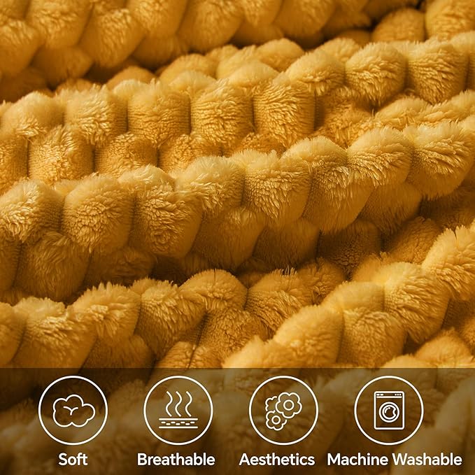 BEDELITE Fleece Blanket - 3D Jacquard Decorative Mustard Yellow Throw Blankets for Couch & Bed, Soft and Cozy Warm Plush Fluffy Blanket All Seasons Suitable, 50x60Inches