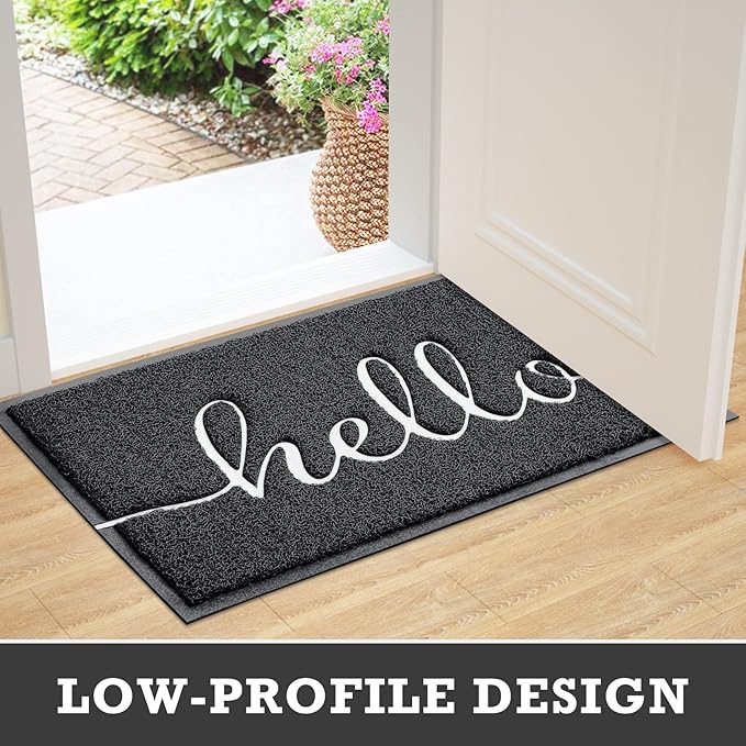 CozyBounty Door Mat Hello Mats Outdoor Indoor Non-Slip Doormat for Entryway Low-Profile Floor Mat for Yard, Garage, High Traffic Areas (36"x24", Black)
