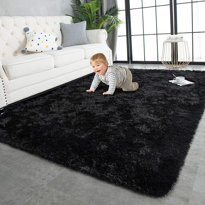 TWINNIS Super Soft Shaggy Rugs Fluffy Carpets, 10x14 Feet, Indoor Modern Plush Area Rugs for Living Room Bedroom Kids Room Nursery Home Decor, Upgrade Anti-Skid Rectangular Fuzzy Rug, Black