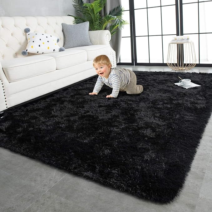 TWINNIS Super Soft Shaggy Rugs Fluffy Carpets, 6x9 Feet, Indoor Modern Plush Area Rugs for Living, Bed Room Kids Room Nursery Home Decor, Upgrade Anti-Skid Durable Rectangular Fuzzy Rug, Black