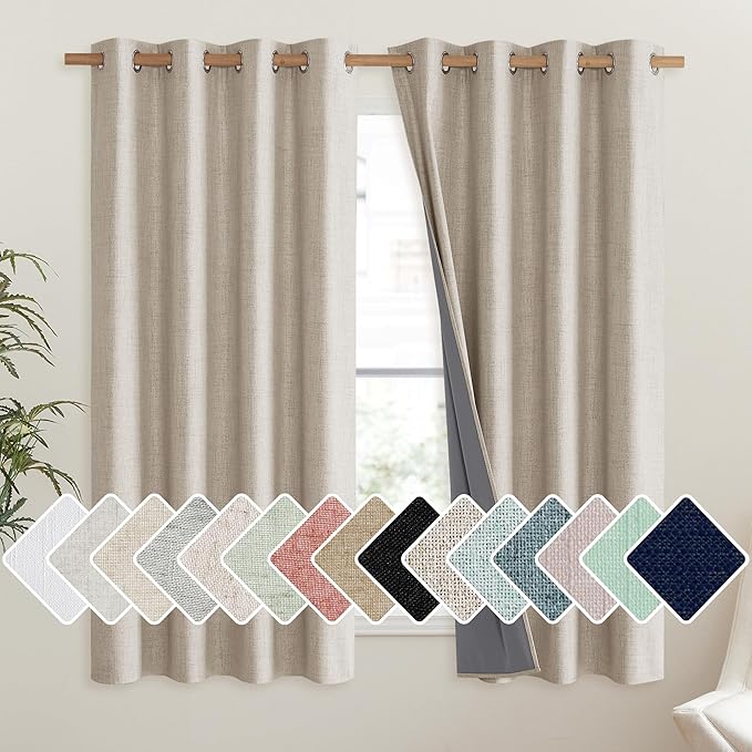 NICETOWN Oatmeal Vintage Open Linen Weave Flax Thermal Curtains, 100% Blackout Curtains 45" Long for Dining Room, Soundproof Window Treatment Drapes for Hall Room, 52" Wide Per Panel, Set of 2