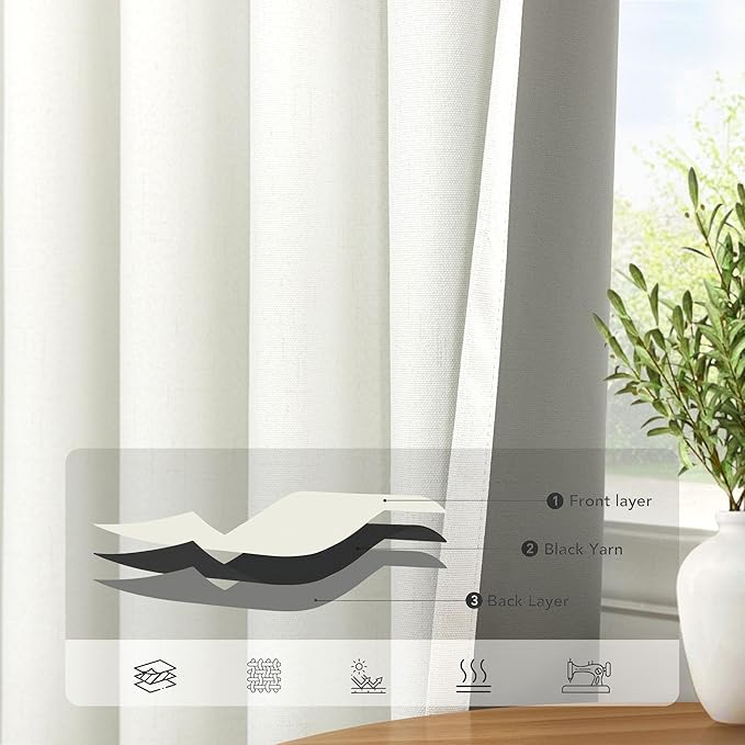 Living Room Curtains 84 Inches Long Faux Linen Darkening Curtain for Bedroom Boho Burlap Full Blackout Soundproof Thermal Insulated Drapes for Nursery Room Divider 52x84 Length 2 Panel Ivory Off White