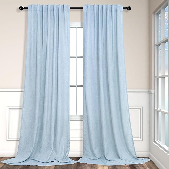 Blue Linen Curtains 108 inch Extra Long for Living Room 2 Panel Tab Pocket Light Filtering Semi Sheer Floor to Ceiling Drape Coastal Curtain for Patio Back Door High Extra Wide Window 52x108 Baby Blue