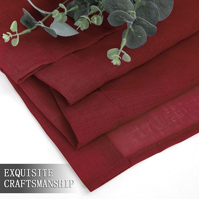 Tollpiz Sheer Curtain Linen Textured Bedroom Curtains Sheer Light Filtering Rod Pocket Voile Curtain for Living Room, 54 x 95 inches Long, Burgundy Red, Set of 2 Panels