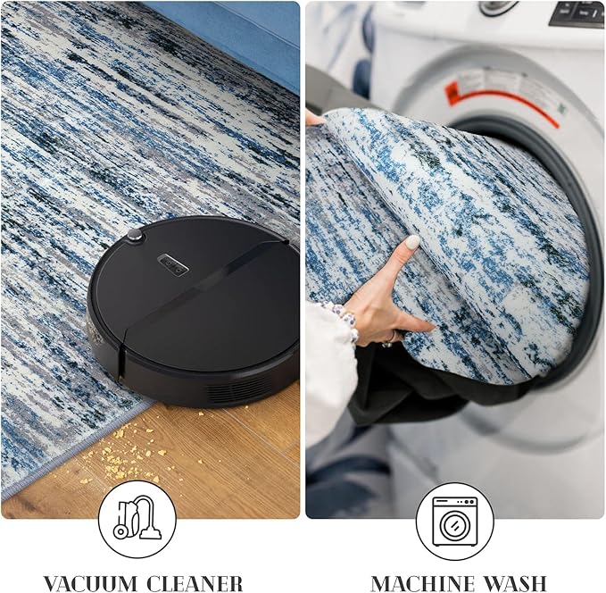 Lansny Modern Abstract Runner Rug 2x12, Grey Blue White Washable Long Kitchen Runner Non-Slip Soft Hallway Rug Runner Thin Print Faux Wool Carpet for Entryway Bedroom Laundry Room Indoor Home Decor