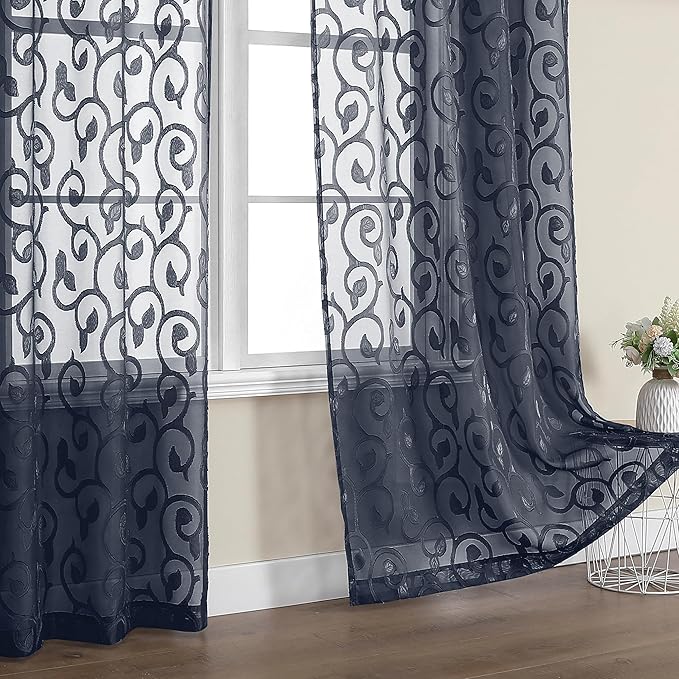 OWENIE Furman Navy Blue Semi Sheer Curtains 72 inches Long for Bedroom Living Room 2 Panels Set, Semi Transparent Geometric Jacquard Pattern Door Panels, Lightweight Airy Privacy Drapes, 40Wx72L inch