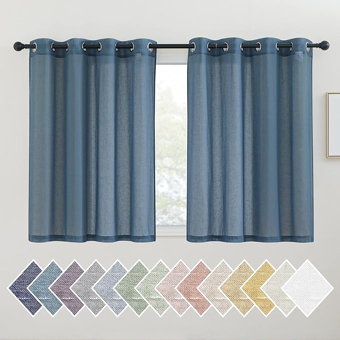 NICETOWN Linen Curtains Stone Blue for Kitchen, Grommet Short Semi Sheer Curtains & Drapes Privacy with Light Filtering Linen Blend for Cafe/Boys Room, 2 Panels, W52 x L45