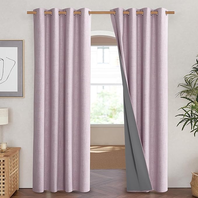 NICETOWN Pink Vintage Linen 100% Blackout Curtains for Living Room, Thermal Insulated Curtains 84“ Long, Noise Reducing Window Treatment Drapes for Hall Room, 52" Wide Per Panel, Set of 2